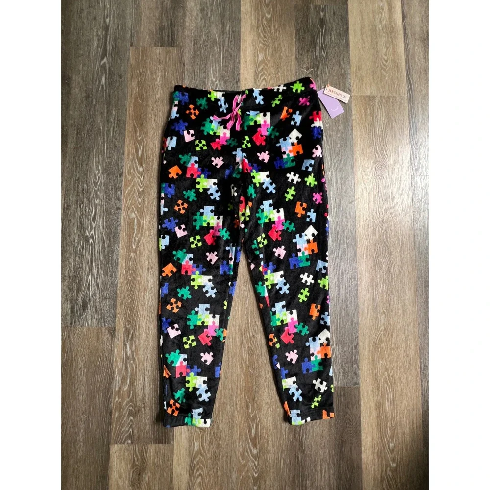 Joyspun Pajama Pants Womens L Black Multicolor‎ Puzzle Piece Plush Joggers NWT